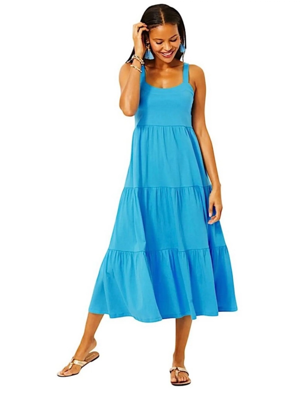 Lilly Pulitzer Miri Midi Dress Blue 100% Cotton Sundress Preppy Lunar Blue M